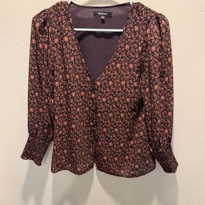 Madewell Floral V-Neck Blouse - Black and Red
